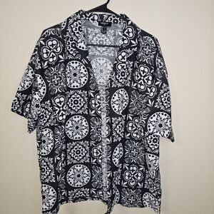 Forever 21 Men's Black White Geometric Button-Up Shirt Cotton Linen L